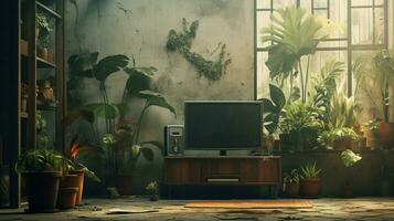 televisión y plantas de interior en habitación escena foto