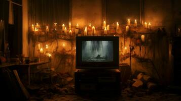 television on with candles in room photo