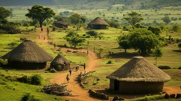 thatched roofs dot idyllic african rural landscapes photo