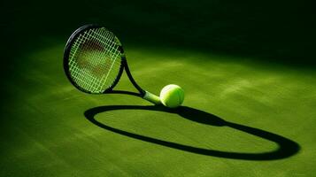 tennis ball racket and shadow on green grass photo