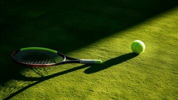 tennis ball racket and shadow on green grass photo