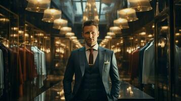 the confident businessman stands in luxury boutique photo