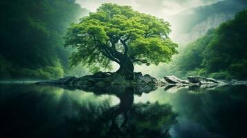 el verde árbol refleja sus natural belleza en el tranquilo foto