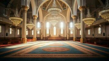 the inside of a mosque with a large carpet and a large photo