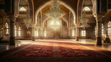 the inside of a mosque with a large carpet and a large photo