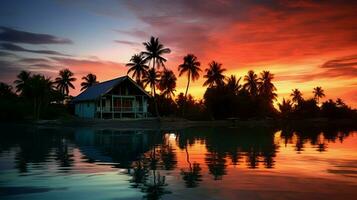 tranquil bungalow reflection silhouettes caribbean sunset photo