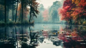 tranquil autumn forest reflects on serene pond photo