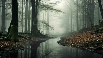 tranquil scene foggy forest reflects mystery and beauty photo