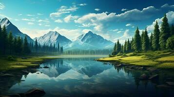 tranquil scene mountain reflection forest blue summer photo