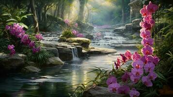 tranquil scene of blooming orchids by flowing water photo