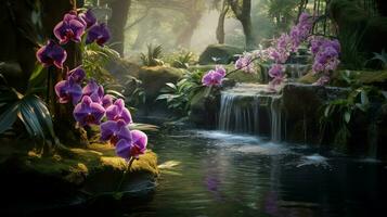 tranquil scene of blooming orchids by flowing water photo