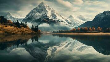 tranquil scene of mountain range reflected in pond photo