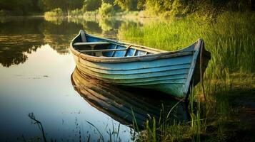 tranquilo escena antiguo bote de remos en césped reflejando naturaleza belleza foto