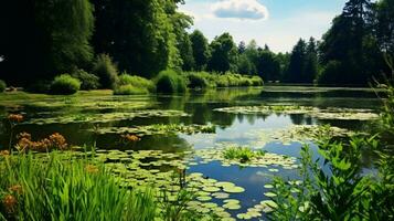 tranquil summer pond reflects lush green landscape beauty photo