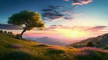 tranquilo puesta de sol terminado montaña prado y árbol foto