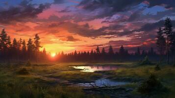 tranquil sunset over rural meadow and forest photo