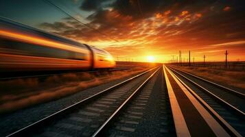 transportation mode speeds on railroad tracks at sunset photo