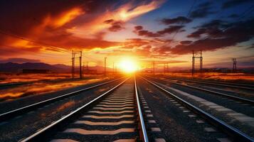 transportation mode speeds on railroad tracks at sunset photo