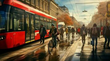 transporte modos en vibrante ciudad vida capturado al aire libre foto