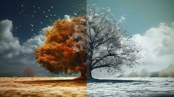 árbol con dos estaciones comparado escena foto