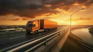 transportation truck delivering cargo container on multiple photo