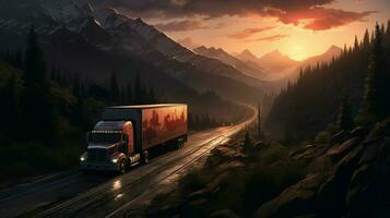 truck driving through mountain pass at sunset photo