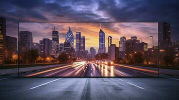 tv with city skyline illuminated at dusk with traffic photo