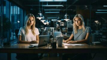 two young adult caucasian women one blond indoors working photo