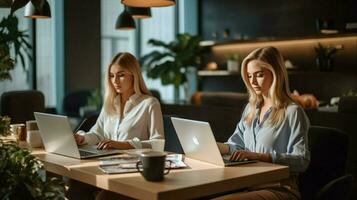 two young adult caucasian women one blond indoors working photo