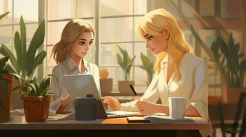 two young adult caucasian women one blond indoors working photo