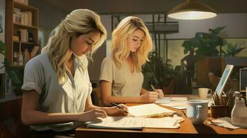 two young adult caucasian women one blond indoors working photo