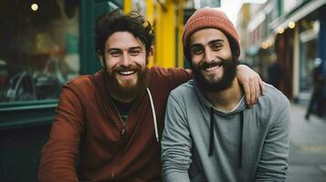 dos joven adulto machos con barbas sonriente foto