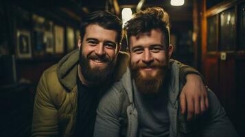 dos joven adulto machos con barbas sonriente foto