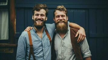 dos joven adulto machos con barbas sonriente foto