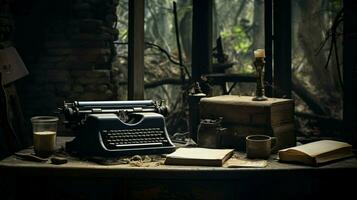 máquina de escribir en antiguo mesa nostalgia y historia escena foto