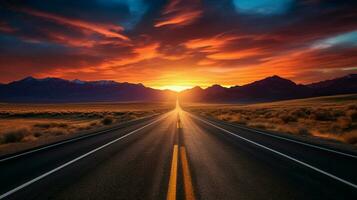 vanishing point on empty road sunset beauty photo