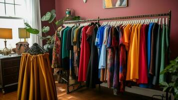 variety of fashionable garments hang in clothing boutique photo