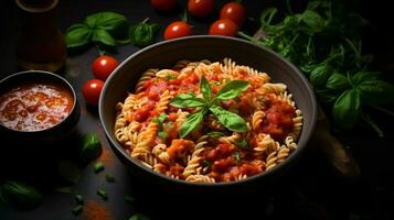 vegetarian pasta bowl with healthy tomato soup photo