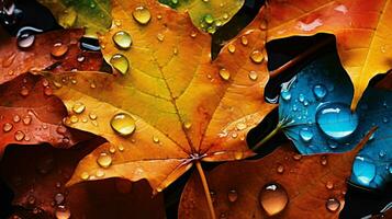 vibrant autumn leaves reflect in dewy water photo