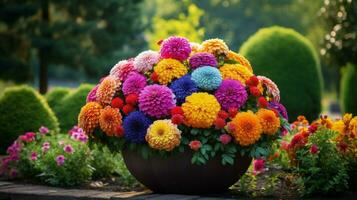 vibrante ramo de flores de multi de colores flores en un formal Gard foto