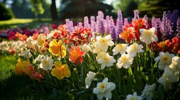 vibrant bouquet of multi colored flowers in formal garden photo