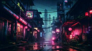 vibrant colors illuminate dirty city streets at night photo