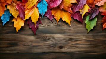 vibrante colores de otoño hojas en madera tablón foto