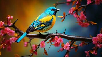 vibrant colors pattern bird perching on branch photo