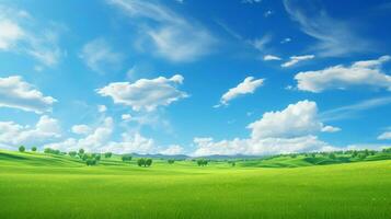 vibrant green meadow under clear blue sky on sunny day photo