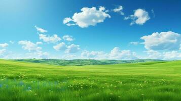 vibrant green meadow under clear blue sky on sunny day photo