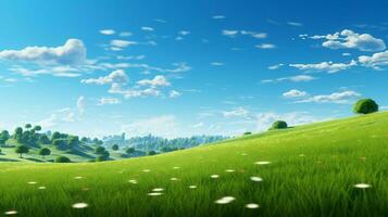 vibrant green meadow under clear blue sky on sunny day photo