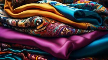 vibrante seda textiles en un vistoso montón foto