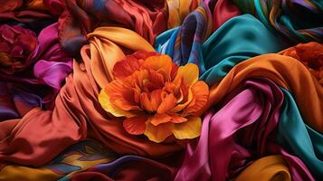 vibrant silk textiles in a colorful heap photo