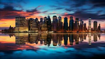 vibrant skyline illuminates waterfront at dusk in financial photo